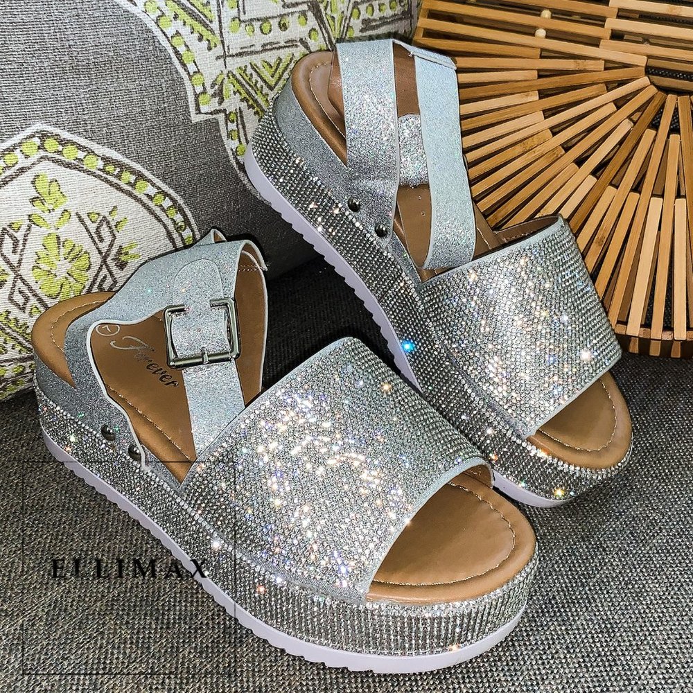 NEW Diamante Rhinestone Glitter Ankle Strap Platform Wedge Heel Sandals Open Toe - Picture 3 of 10
